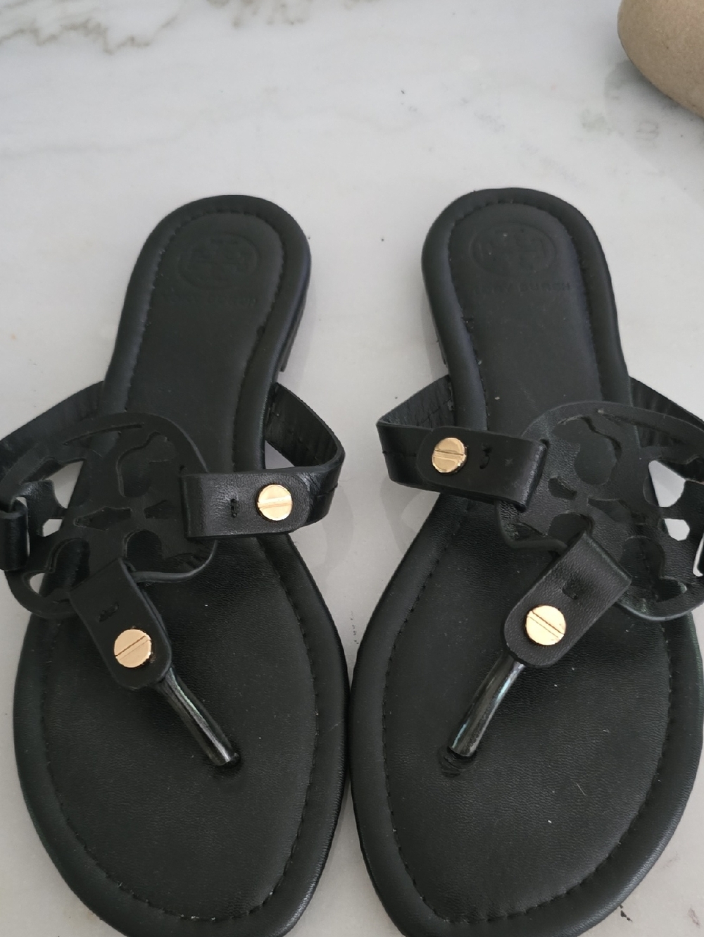 Tory Burch Black Logo Cutout Thong Sandals with Gold Studs